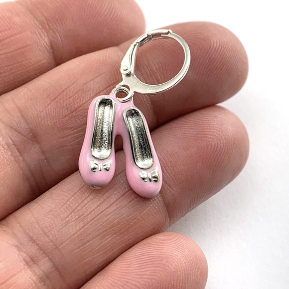 Stainless Steel Hoop Pink Ballet Slipper Earrings - Picture 3 of 4